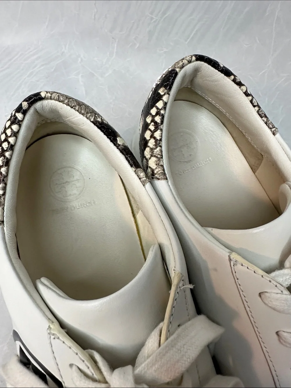 Tory Burch Leigh White Leather Sneakers with Black T Logo and Snake-Print Heel